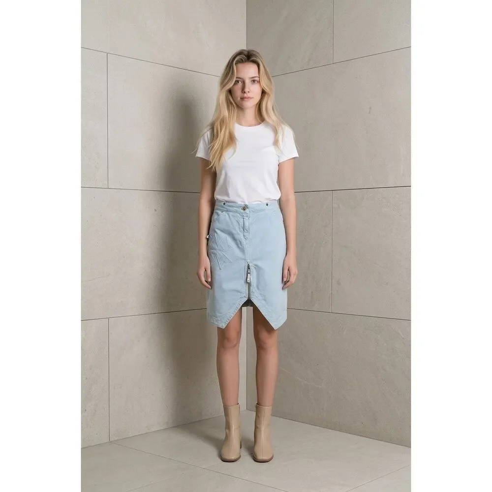 Fake London Genius Light Blue Cotton Zip Front Midi Skirt Vintage Style Boho Pun